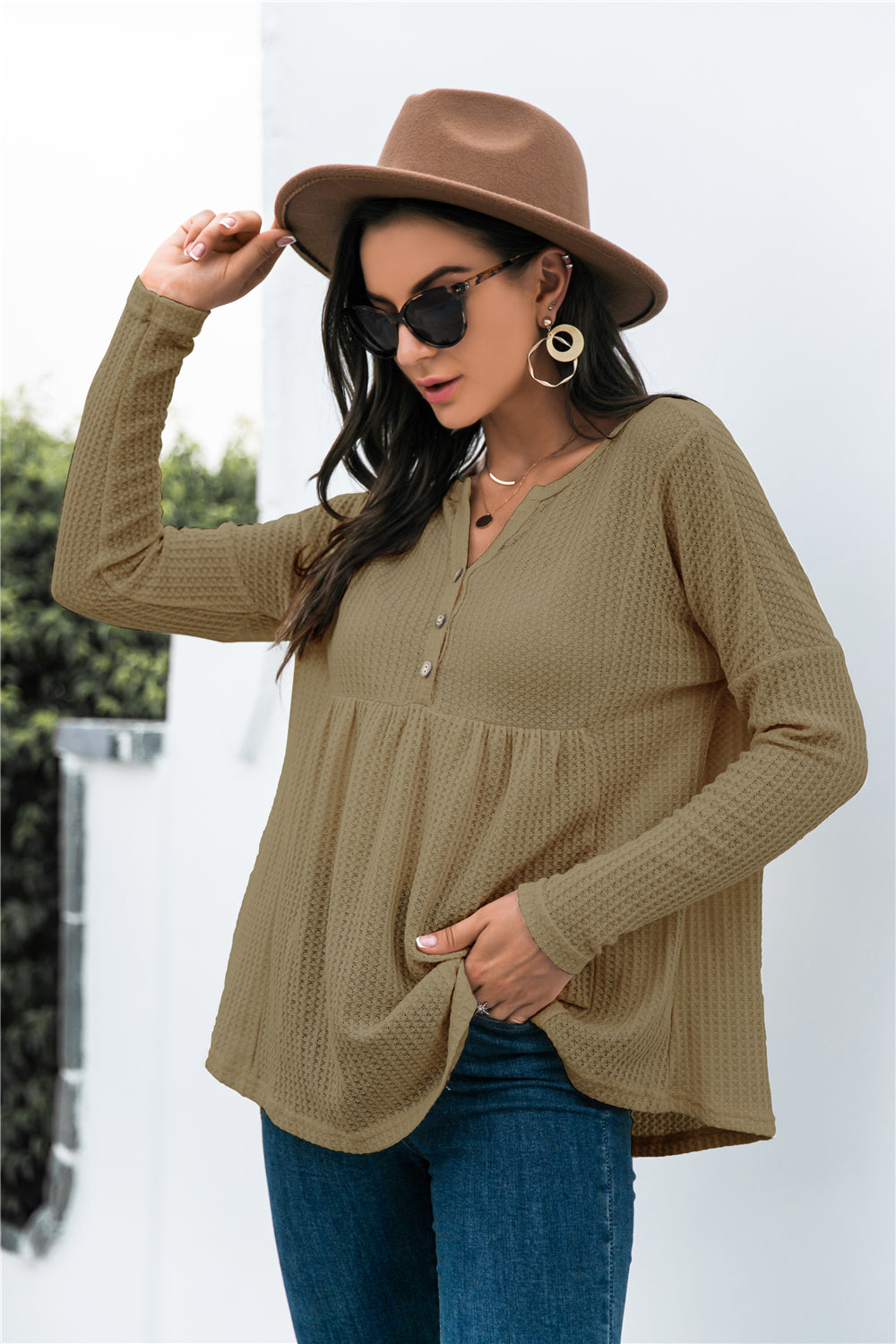 Button Front Waffle Knit Babydoll Top 