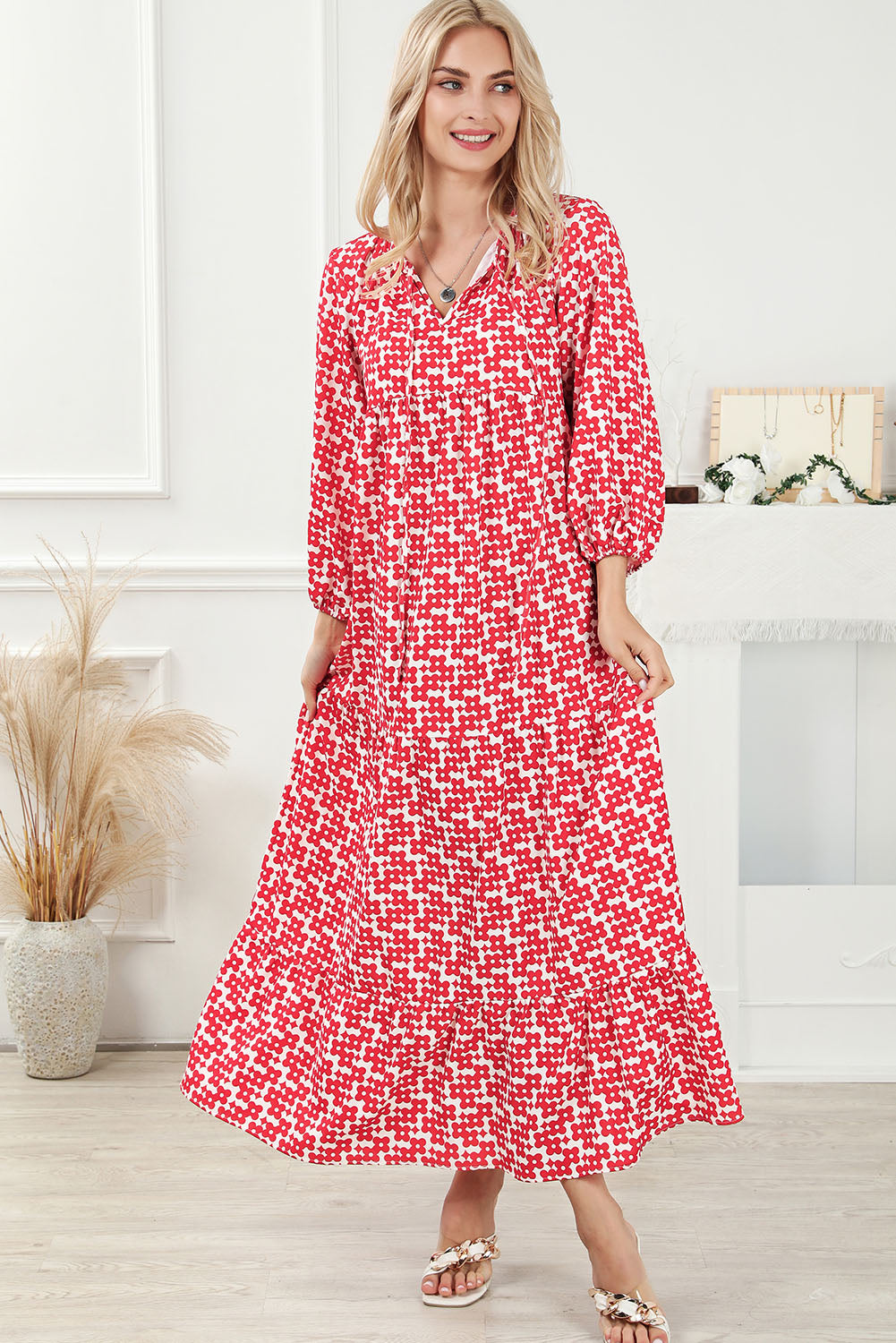 Printed Tie Neck Maxi Dress - Babbazon Midi Dress