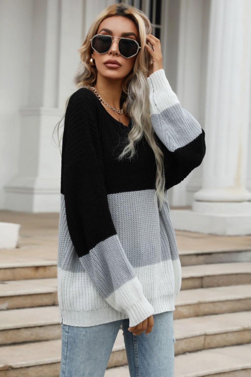 Color Block Long Sleeve Chunky Knit Sweater 