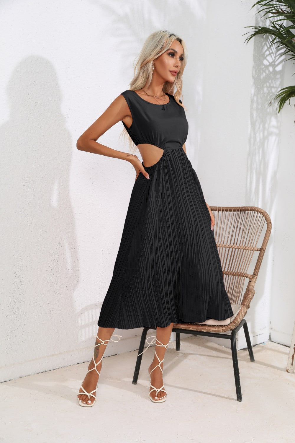 Cutout Ruched Round Neck Tank Dress 