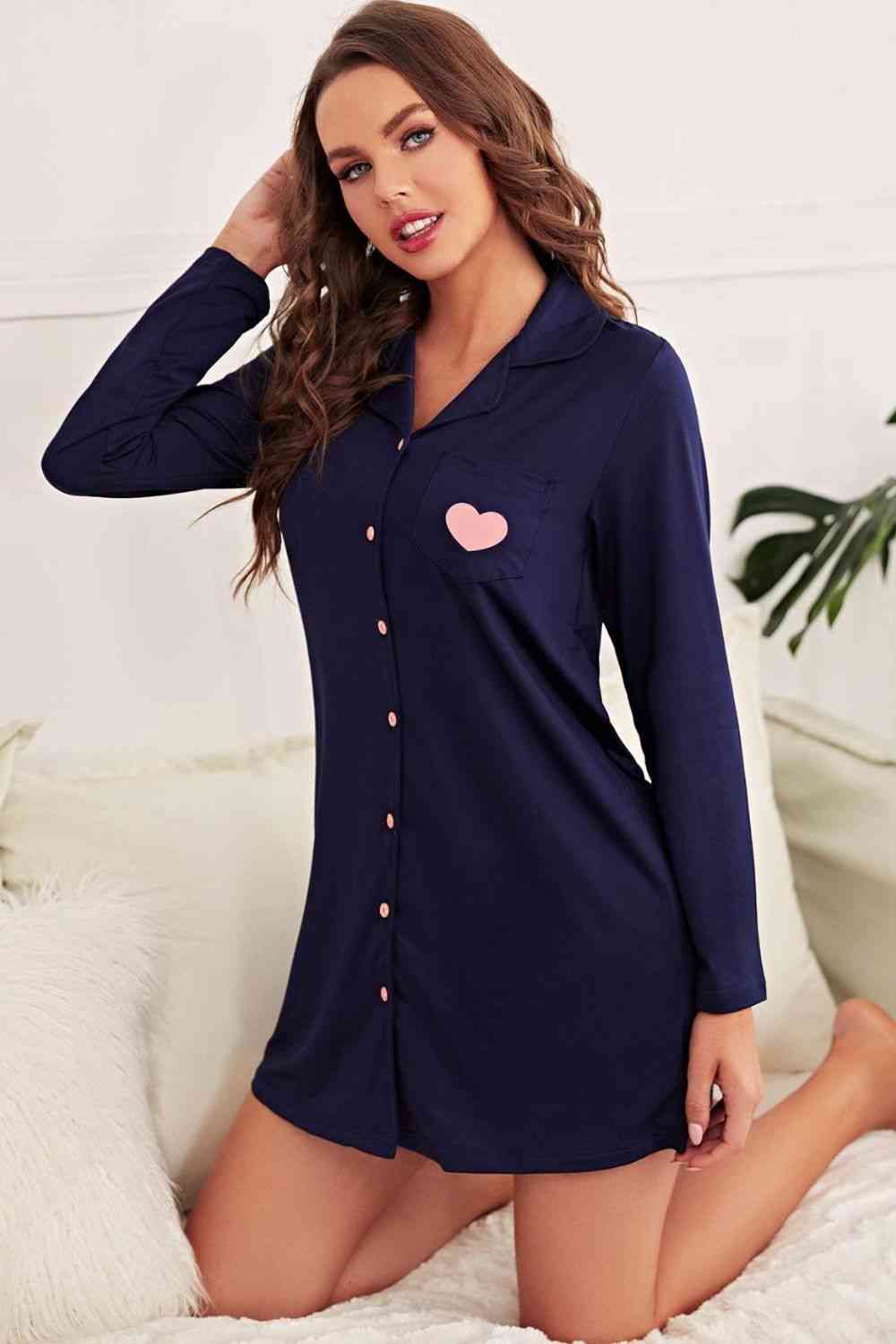 Heart Graphic Lapel Collar Night Shirt Dress 