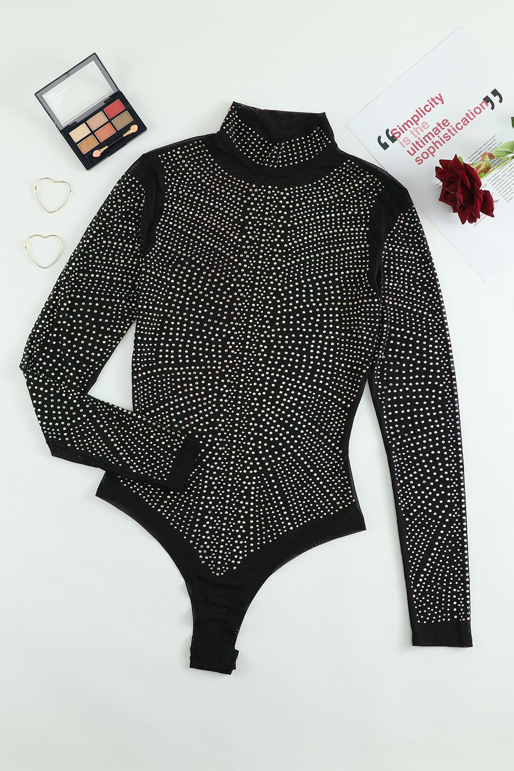 Rhinestone Mock Neck Long Sleeve Bodysuit 