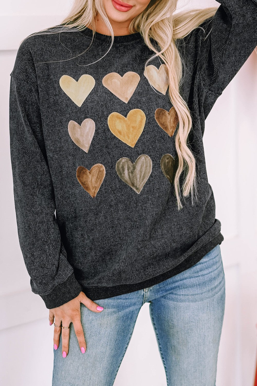 Heart Round Neck Dropped Shoulder Sweatshirt - Babbazon sweatshirt