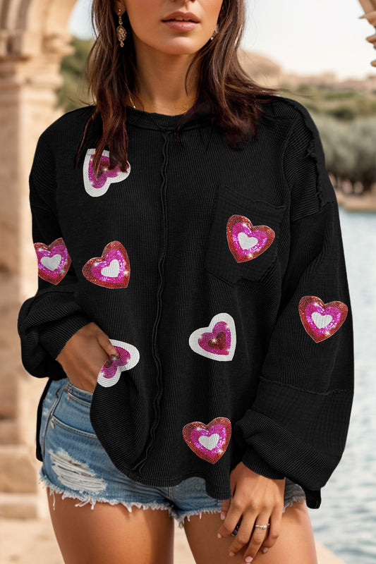 Plus Size Heart Sequin Round Neck Sweatshirt - Babbazon sweatshirt