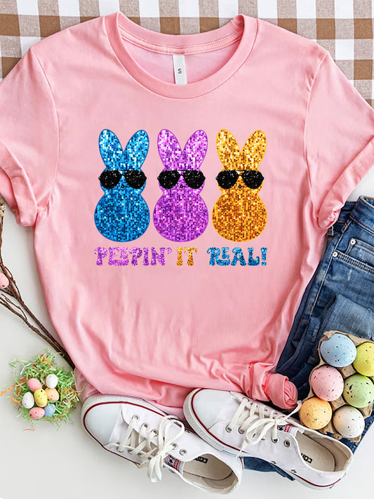 Sequin Rabbit Round Neck Short Sleeve T-Shirt 