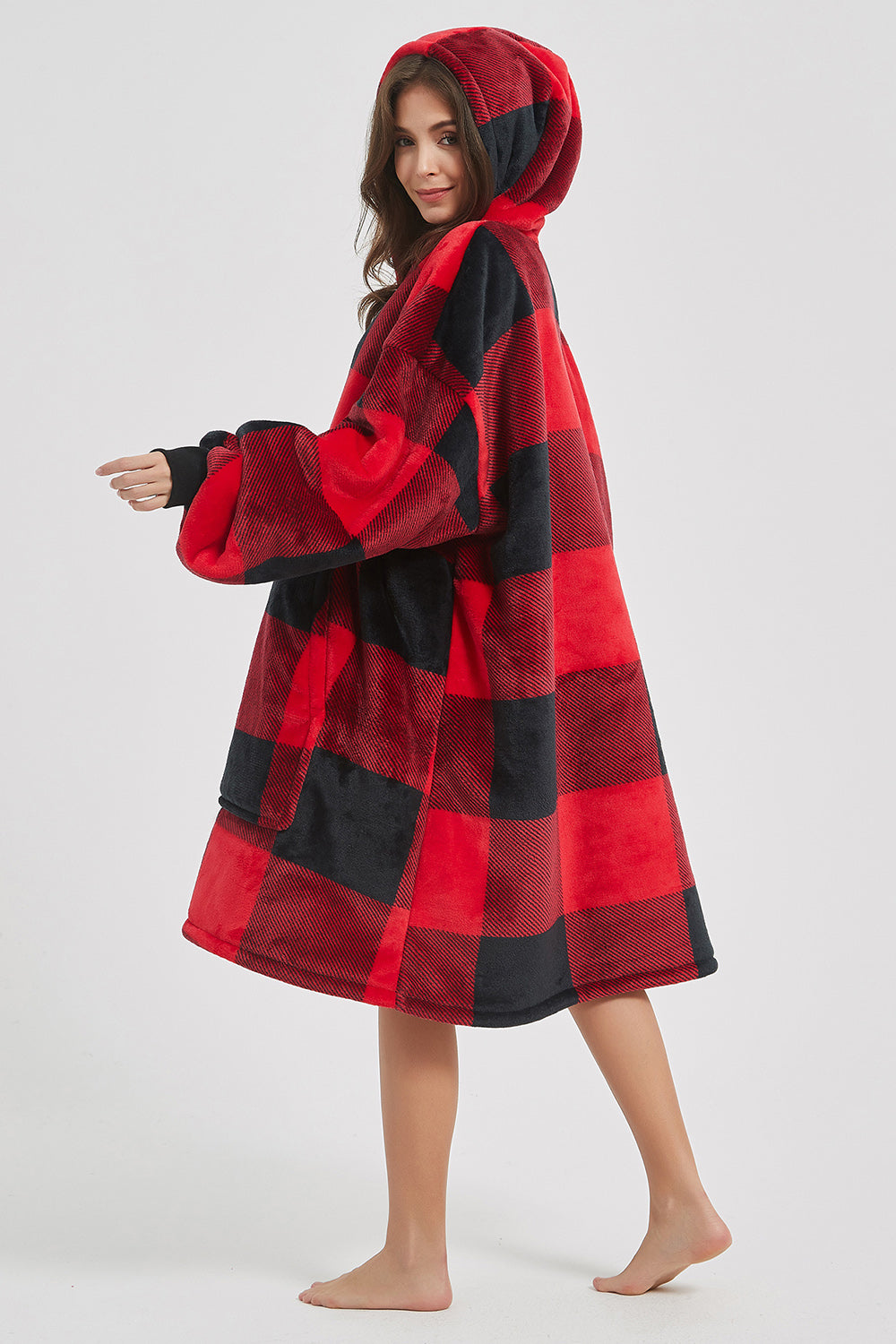 Plaid Hooded Oversize Fuzzy Lounge Dress 