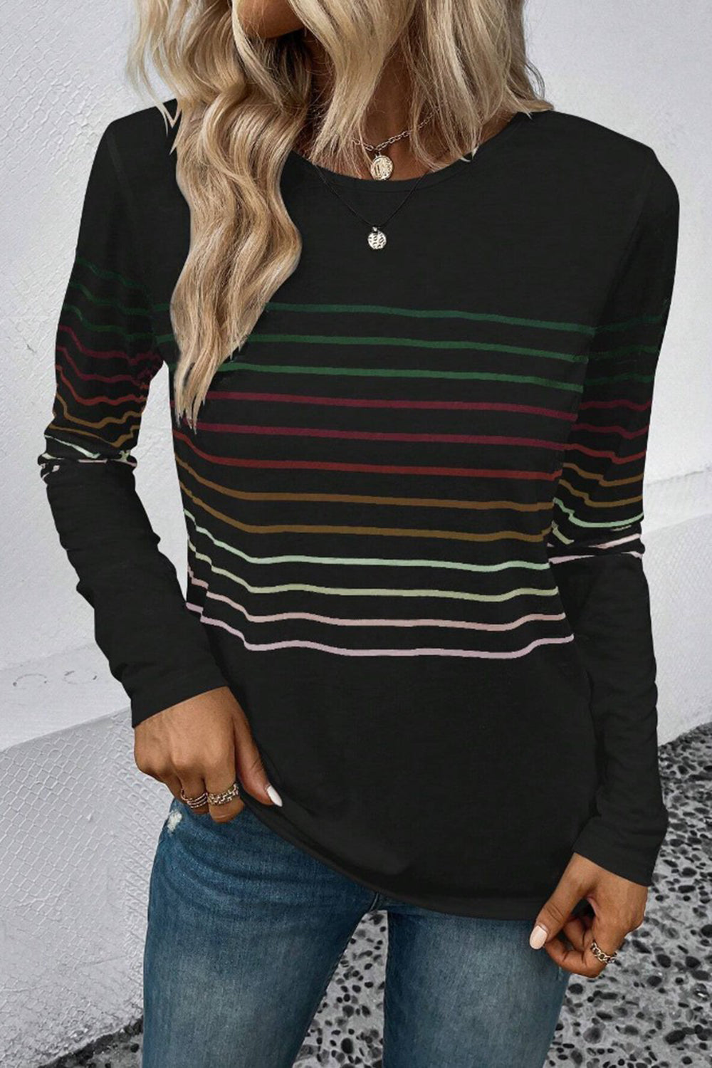 Striped Round Neck Long Sleeve T-Shirt 