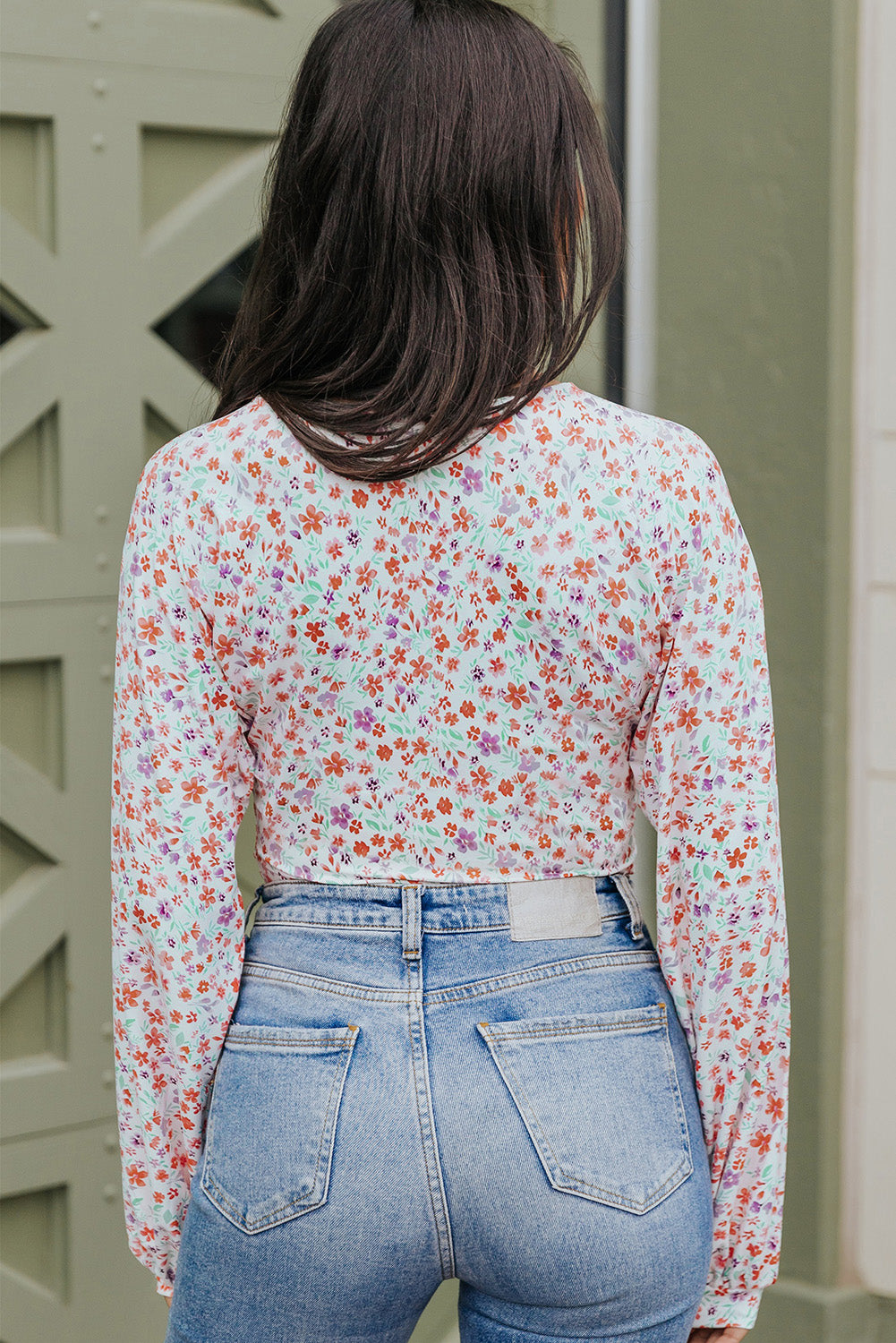 Ditsy Floral Long Sleeve Plunge Bodysuit 