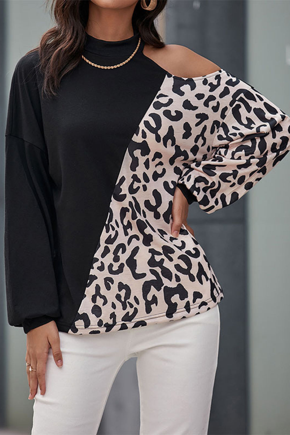 Two-Tone Leopard Cold Shoulder Top 