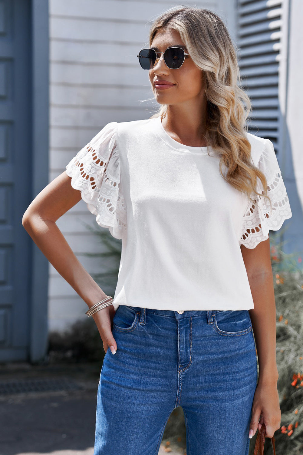 Round Neck Openwork Flutter Sleeve Top - Babbazon Tops