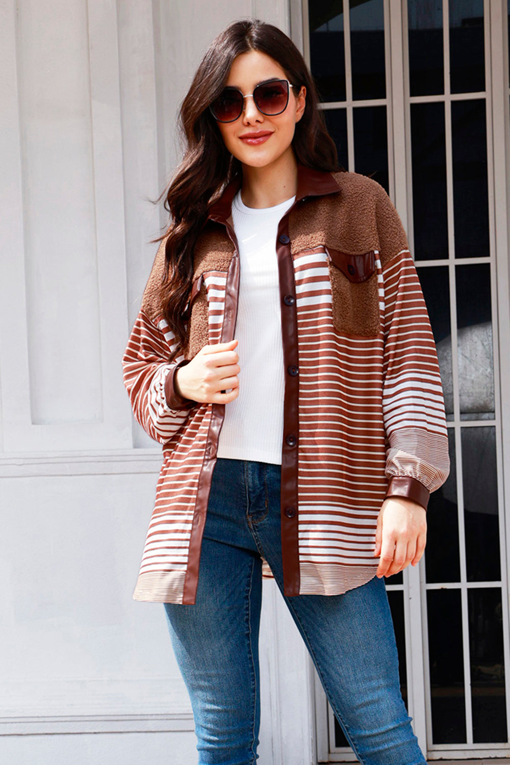 Buttoned Striped Collared Neck Jacket 