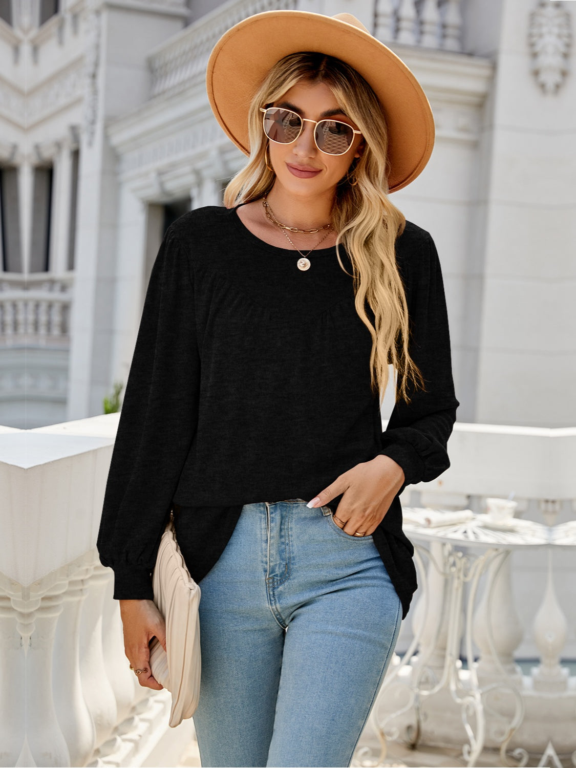 Heathered Round Neck Lantern Sleeve Blouse 