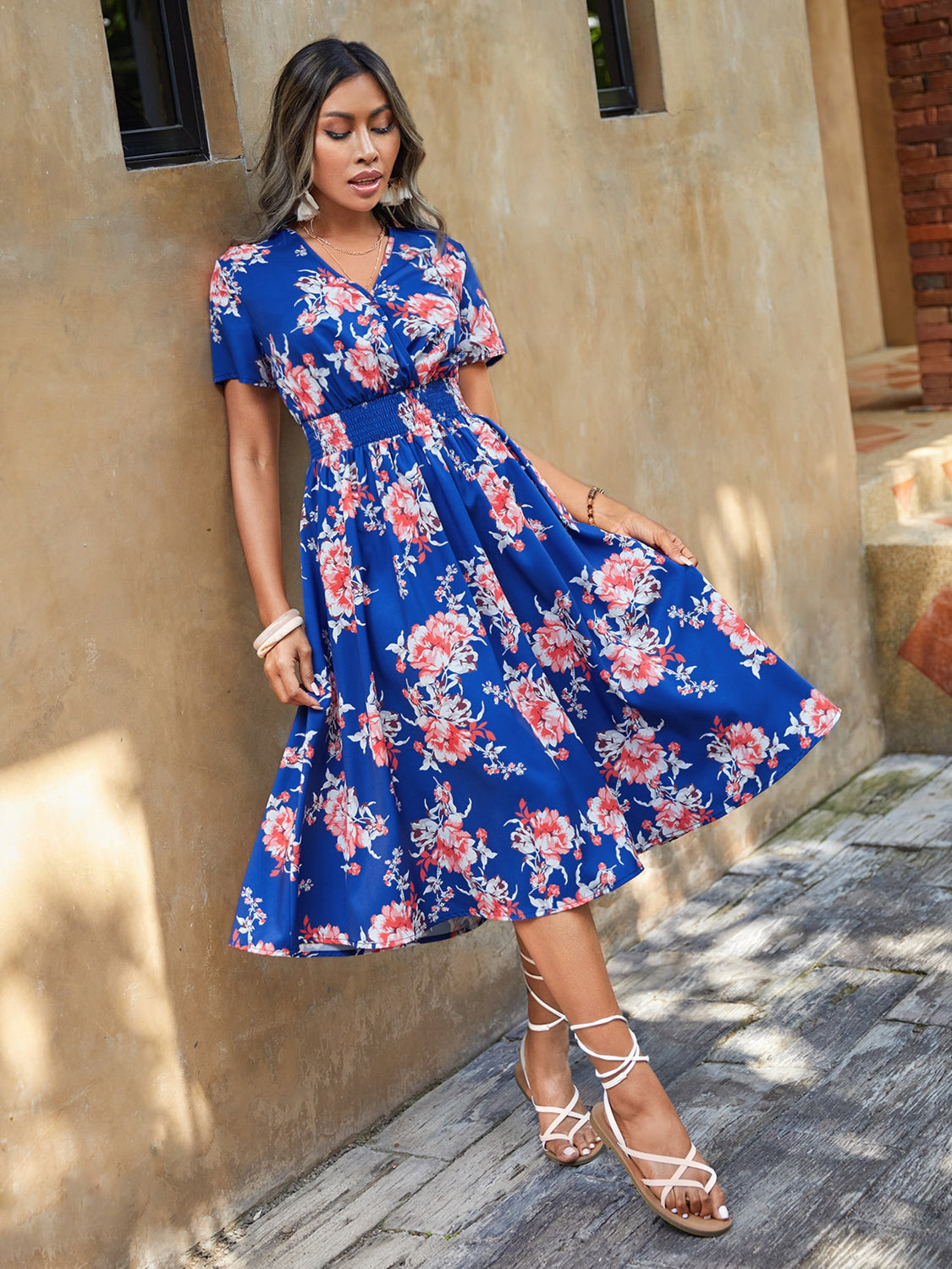 Elastic Waist V Neck Floral Print Midi Dress 