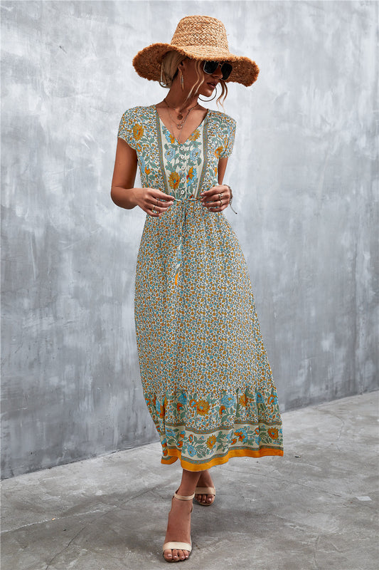 V-Neck Short Sleeve Printed Maxi Dress 