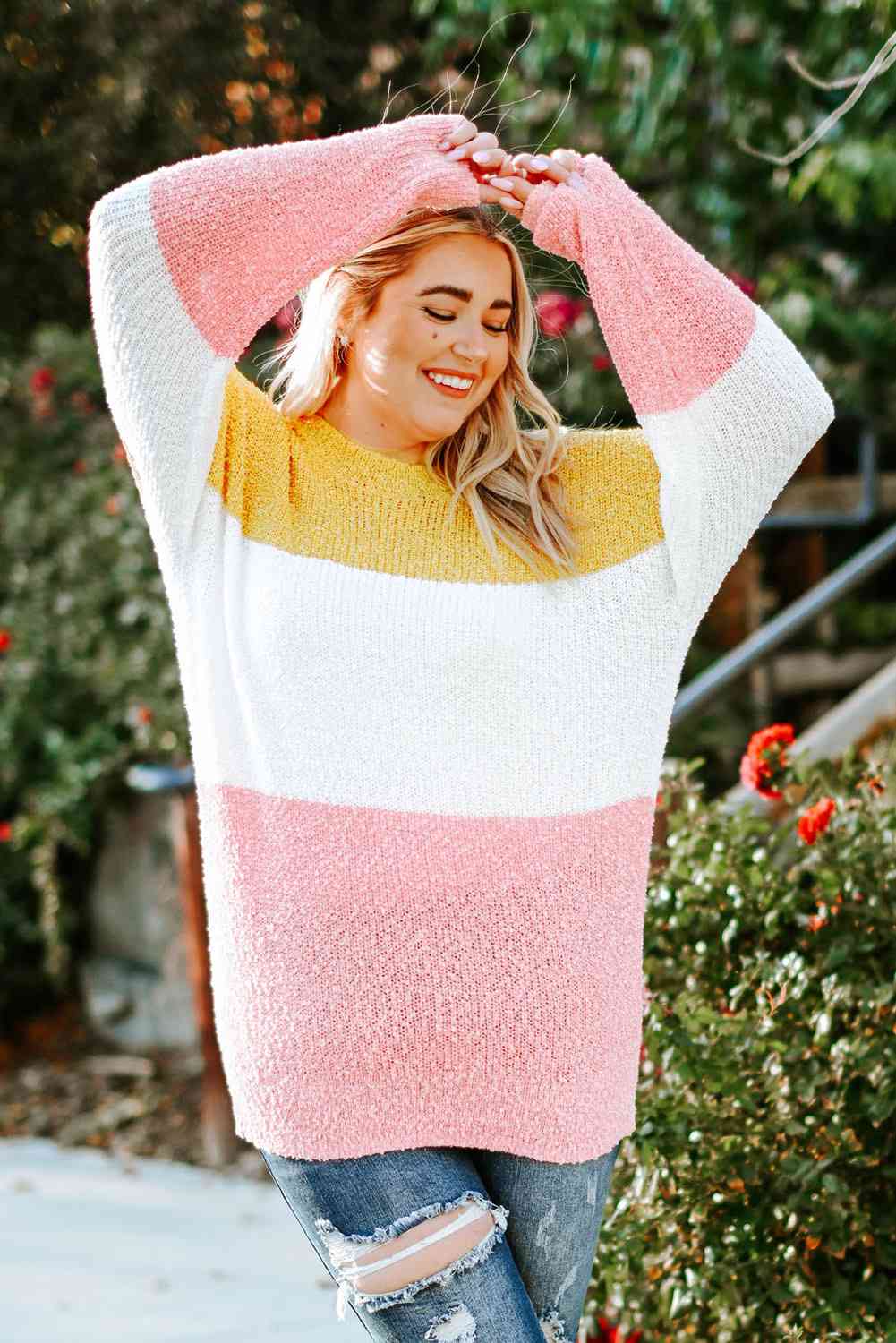 Plus Size Color Block Round Neck Sweater 