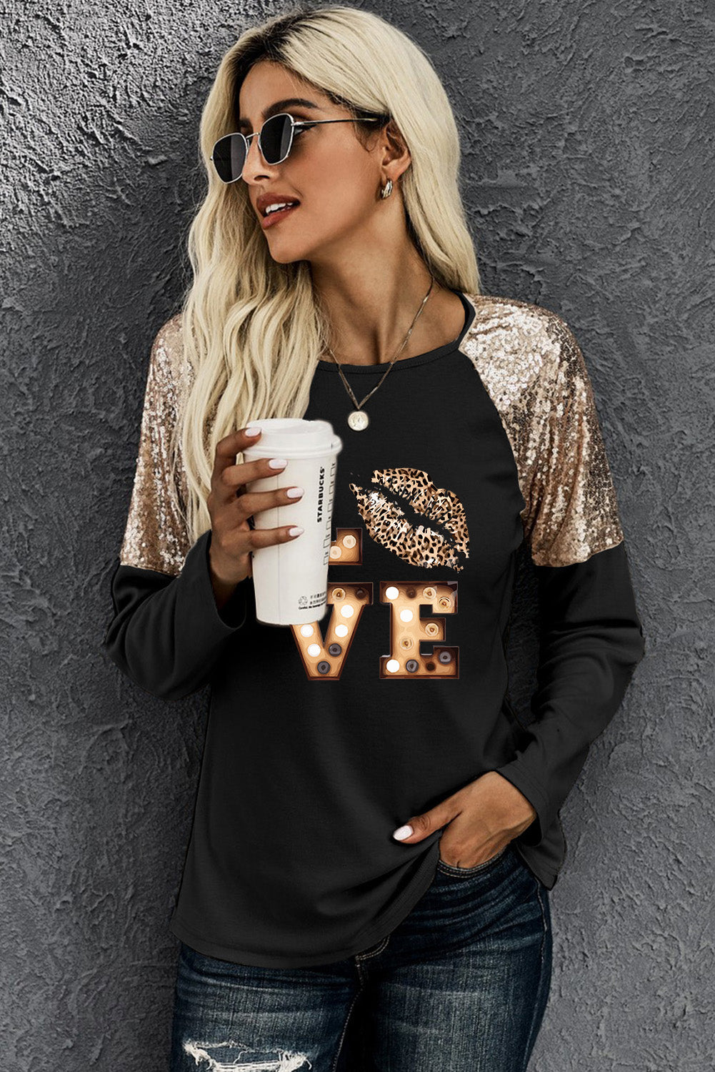 LOVE Graphic Sequin Long Sleeve T-Shirt 