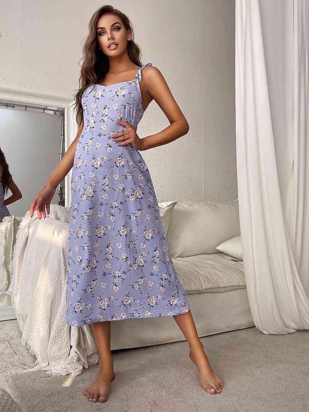 Printed Tie Shoulder Midi Night Dress - Babbazon loungewear