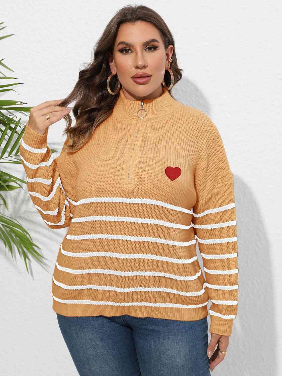 Plus Size Zip-Up Striped Sweater 