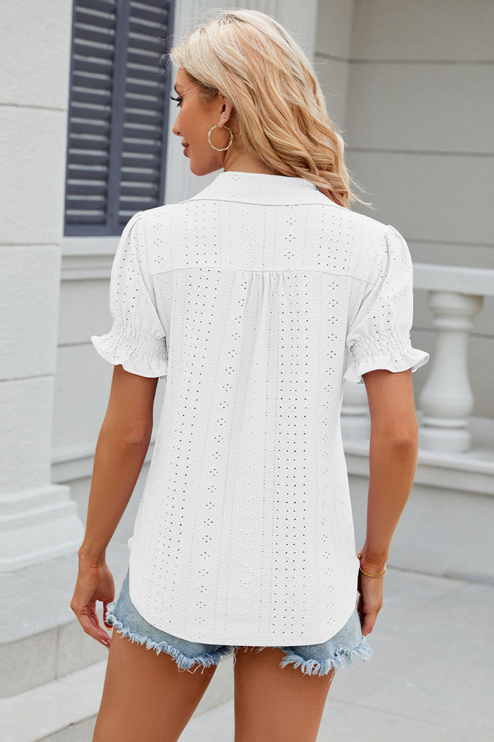 Eyelet Johnny Collar Short Sleeve Blouse 