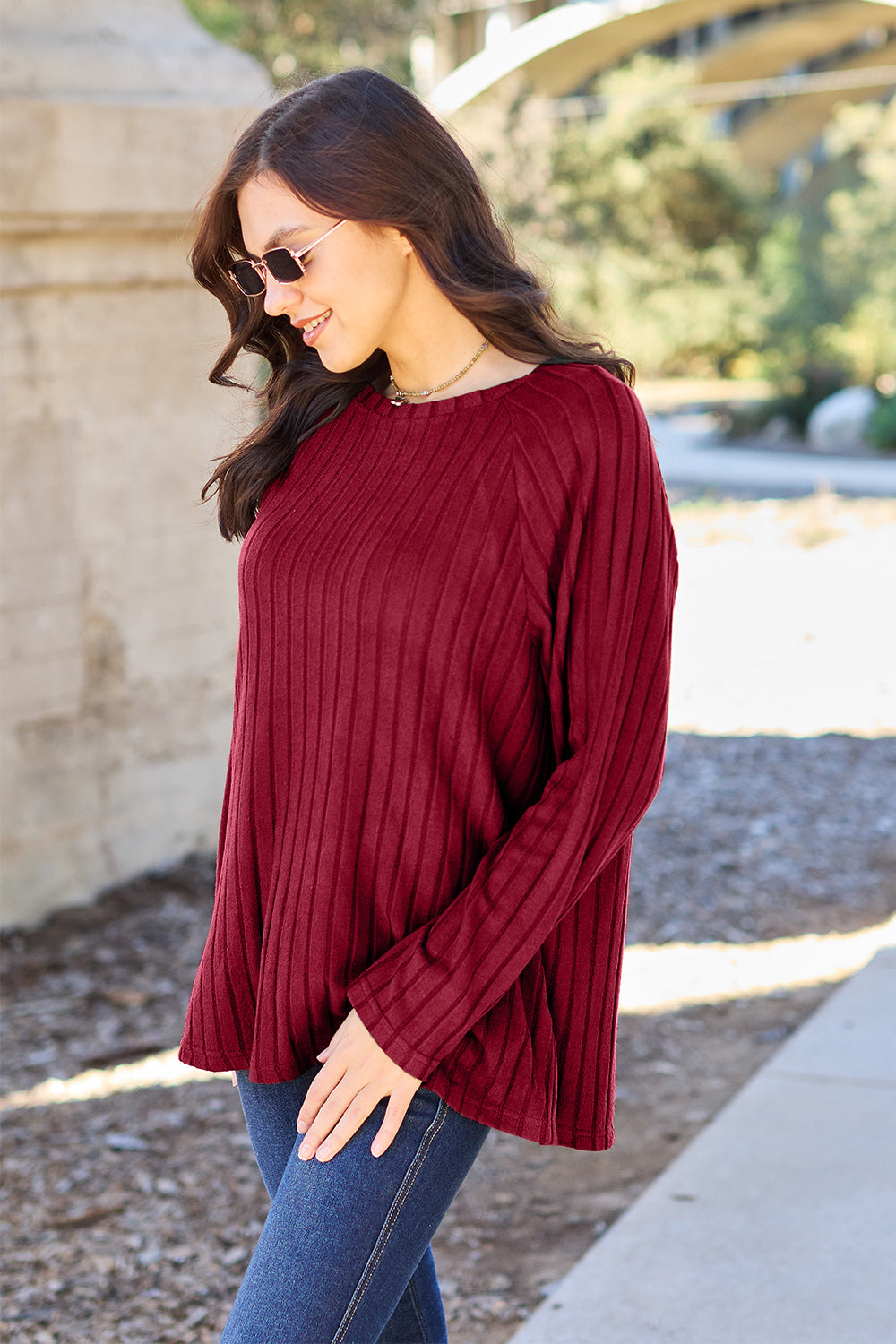 Basic Bae Full Size Ribbed Round Neck Long Sleeve Knit Top 