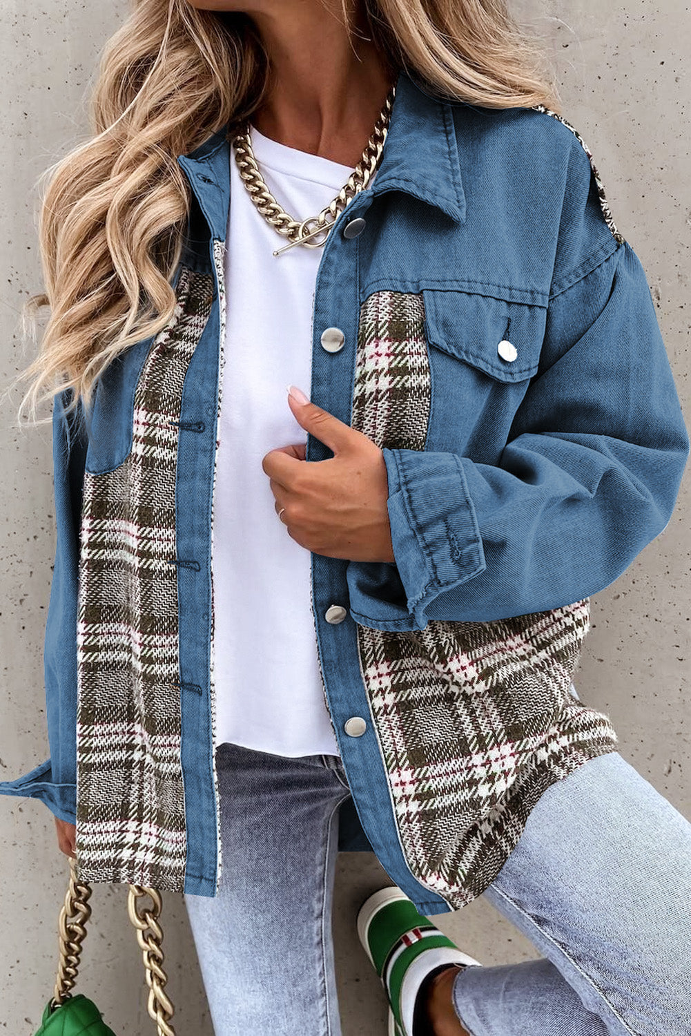 Plaid Pocketed Button Up Denim Jacket - Babbazon Jacket