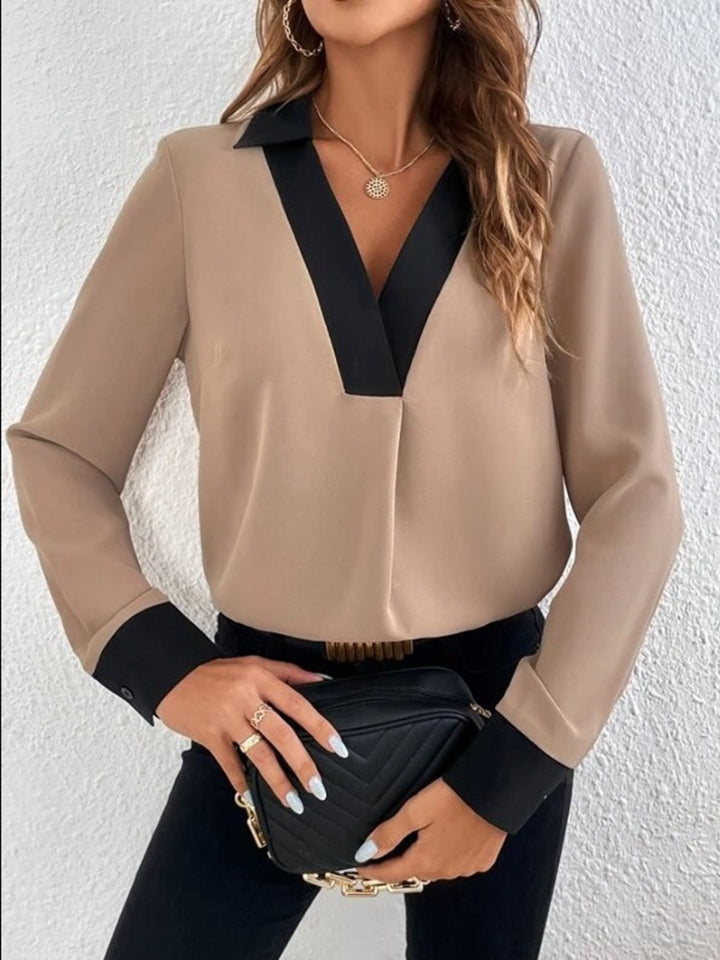 Contrast Trim V-Neck Long Sleeve Blouse 