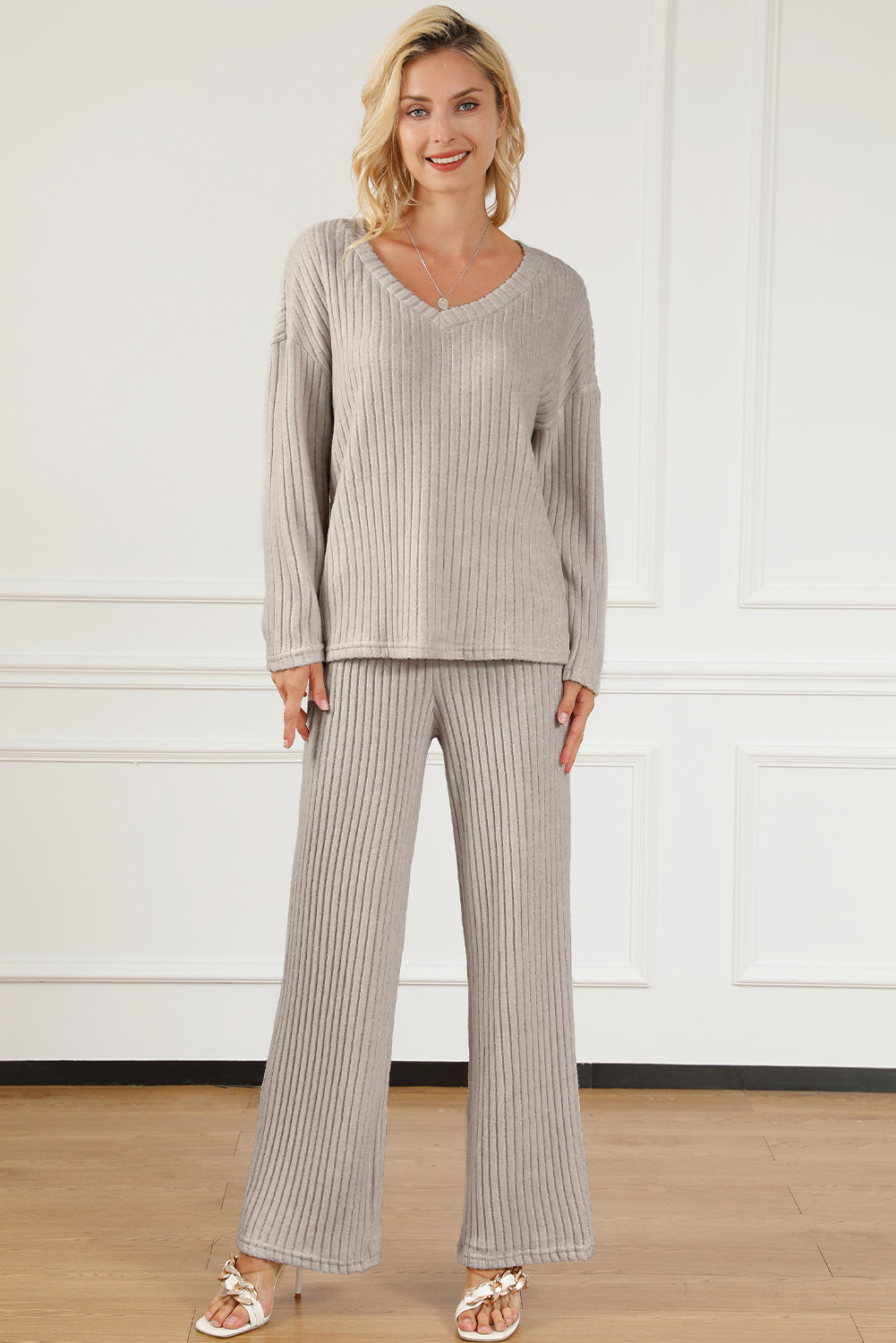 Ribbed V-Neck Top and Pants Lounge Set - Babbazon Tops