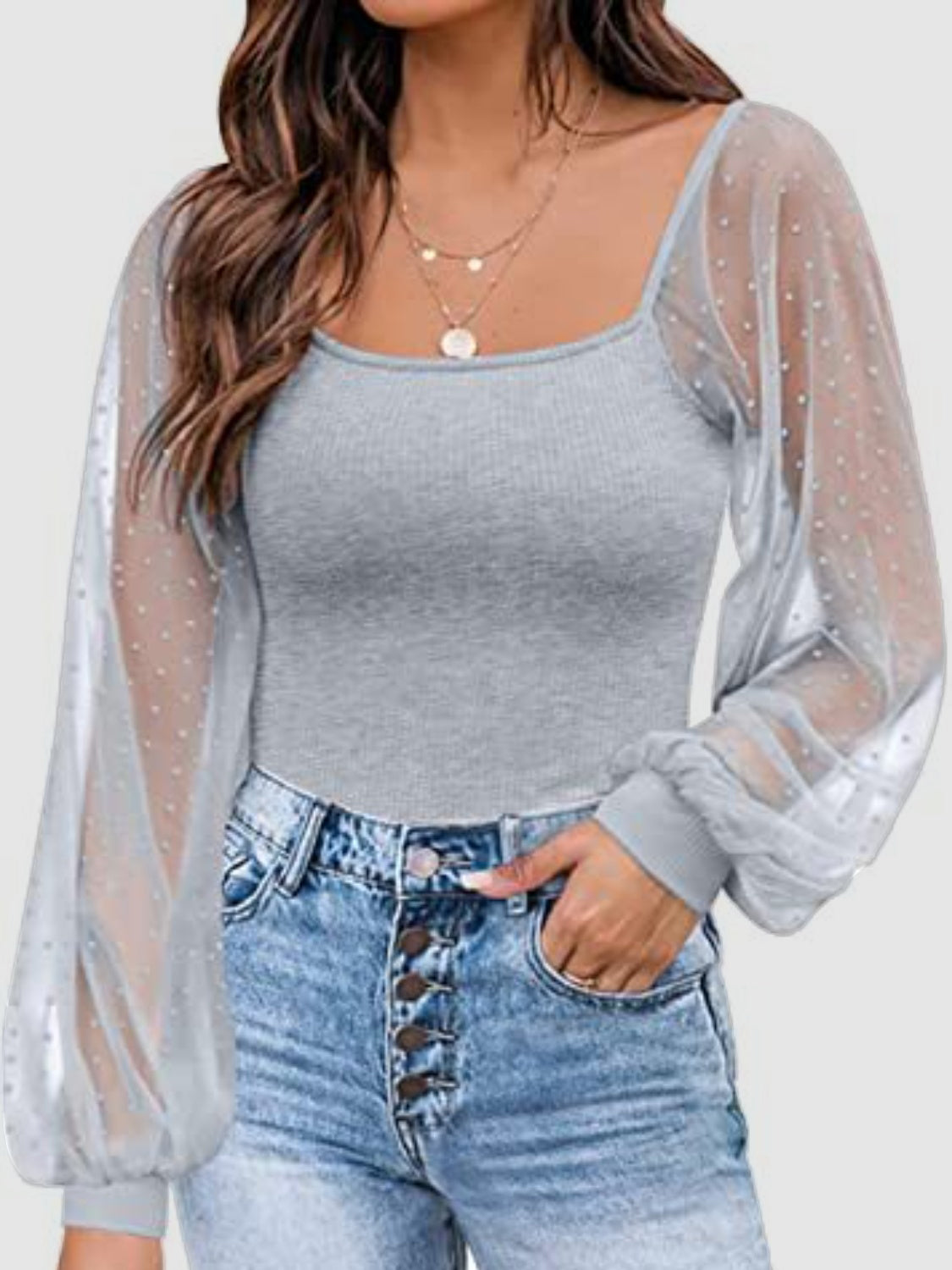 Polka Dot Square Neck Lantern Sleeve Blouse - Babbazon Camisole