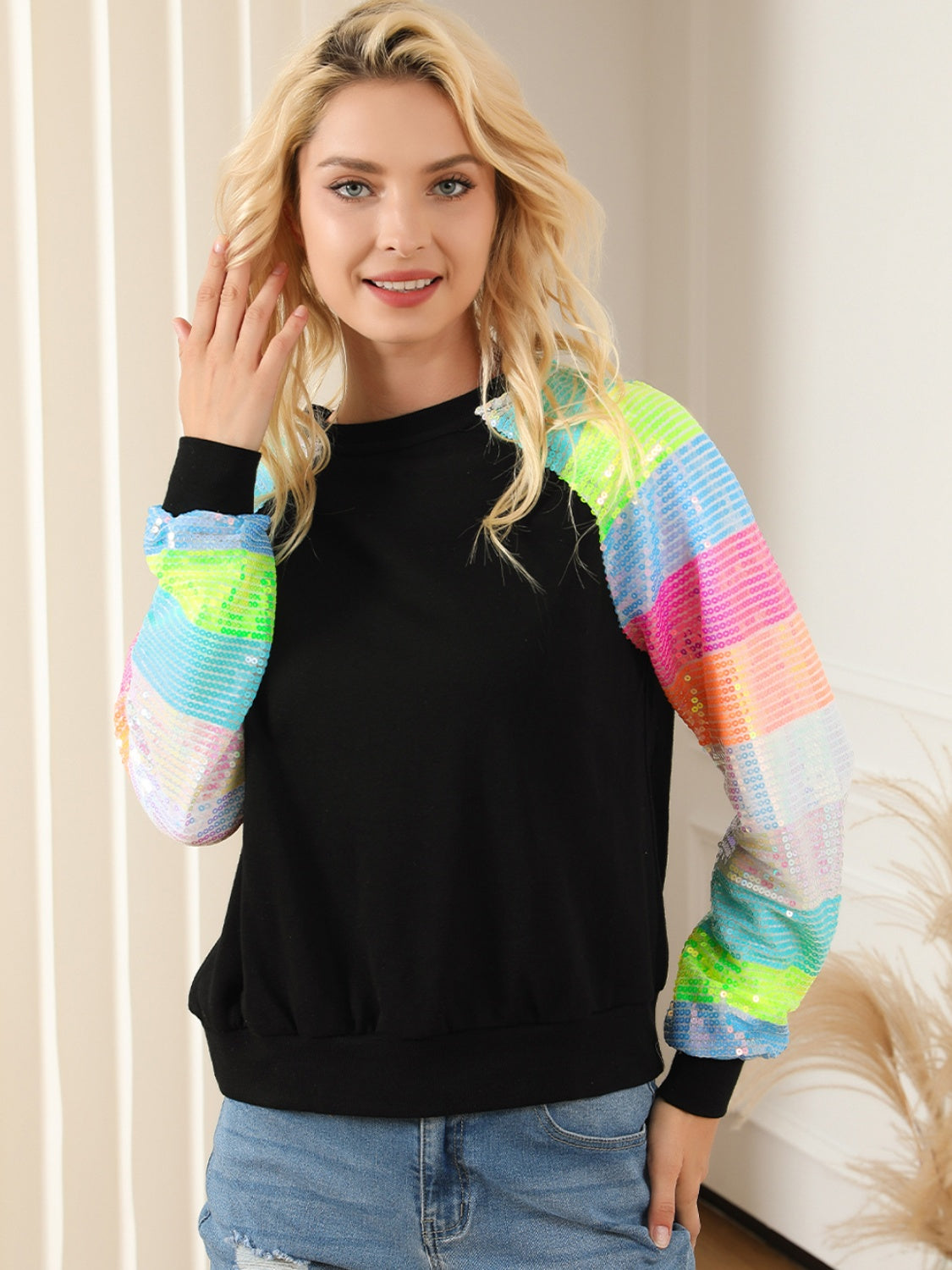 Sequin Round Neck Color Block  Sleeve Sweatshirt 