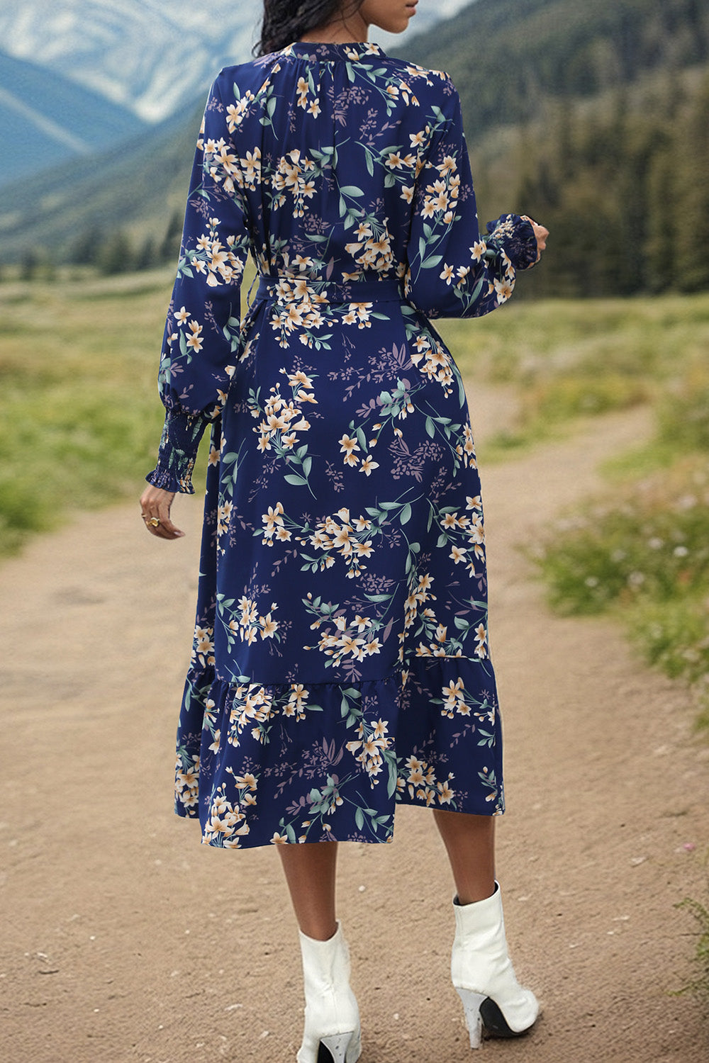 Printed Notched Lantern Sleeve Midi Dress 