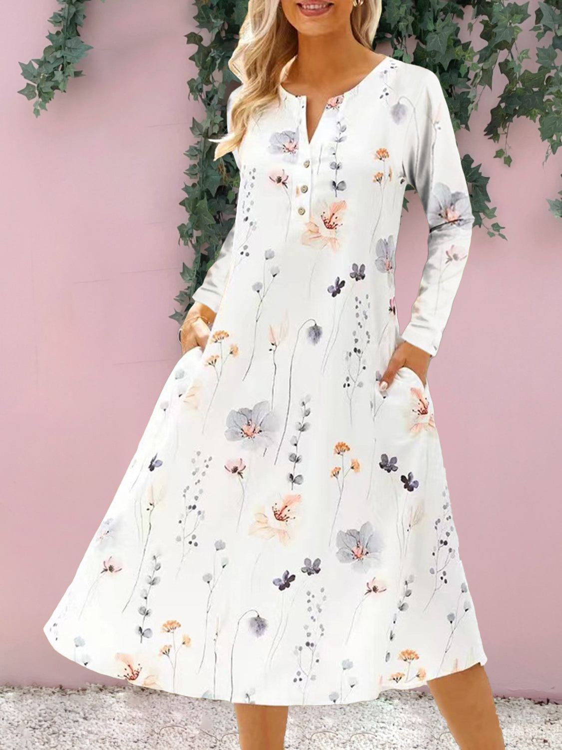 Floral Notched Long Sleeve Midi Dress 