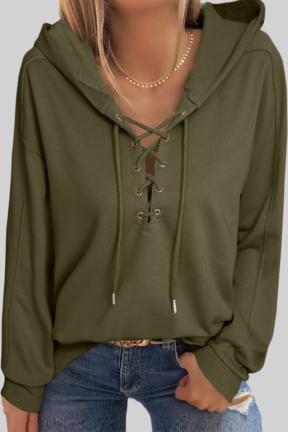 Lace-Up Dropped Shoulder Hoodie - Babbazon sweatshirt