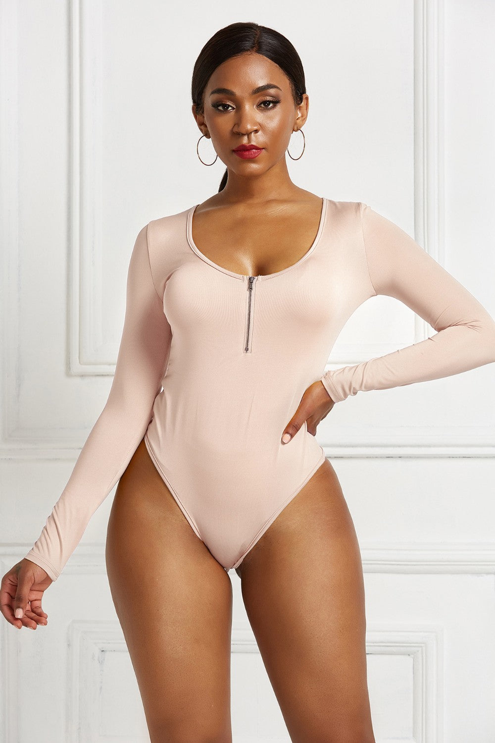 Half Zip Scoop Neck Long Sleeve Bodysuit 