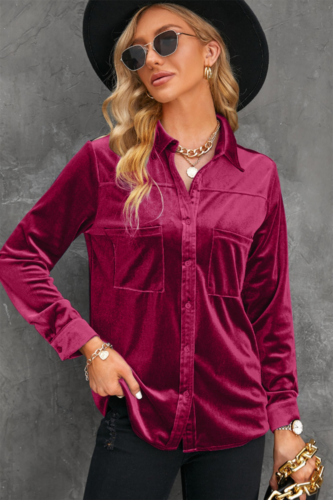 Button Up Collared Neck Long Sleeve Velvet Shirt 