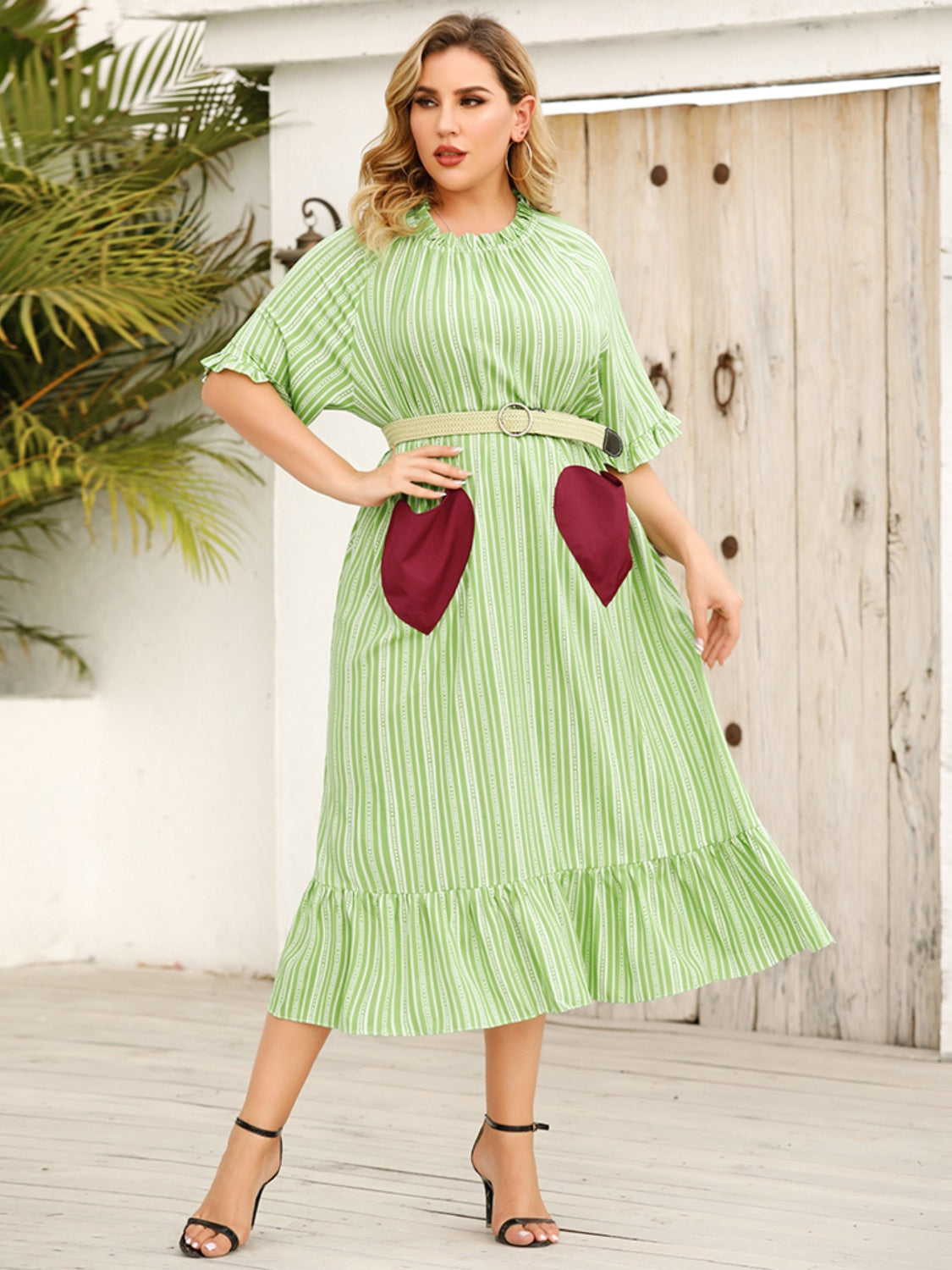 Plus Size Frill Heart Striped Half Sleeve Dress 