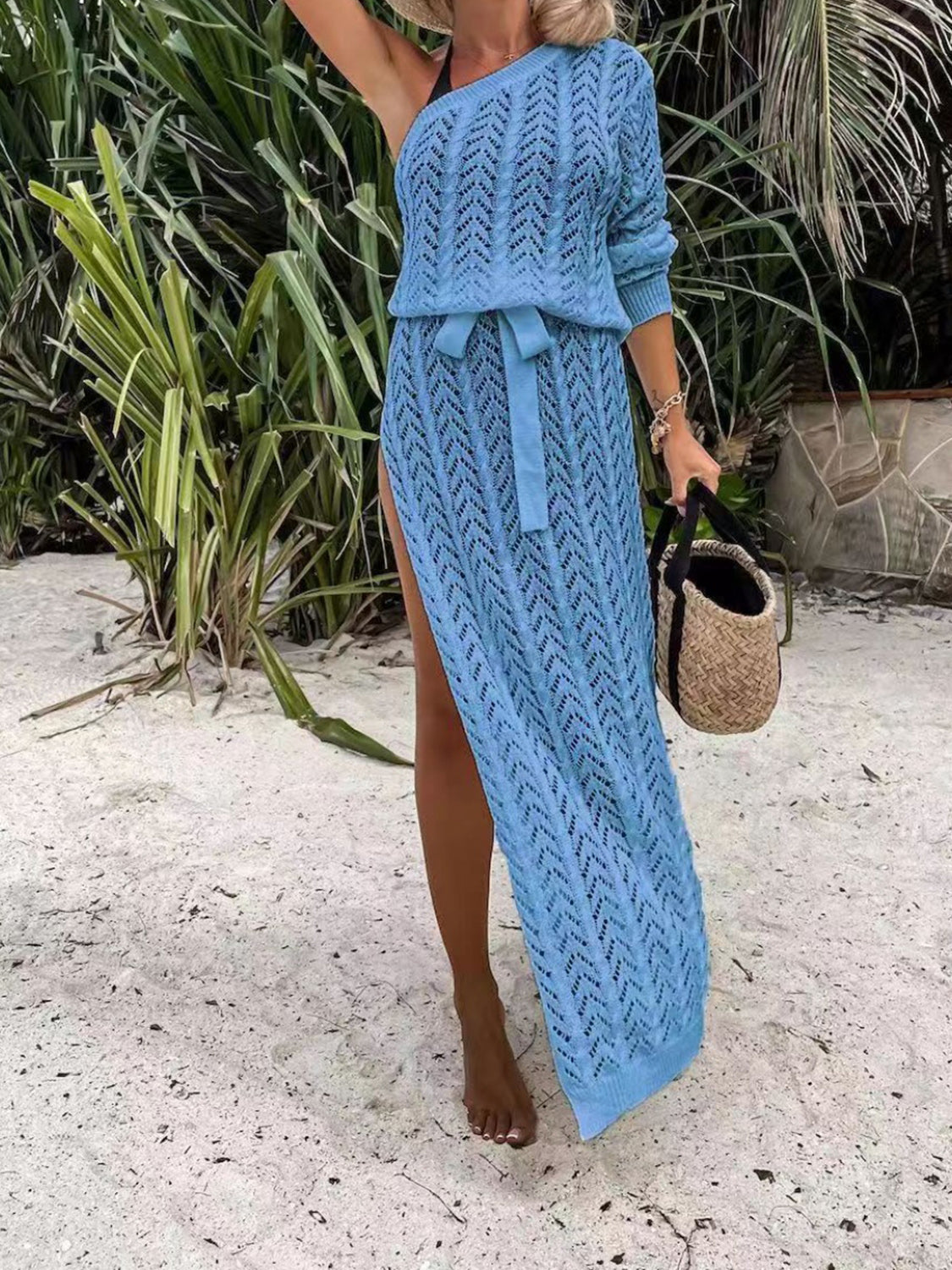 Slit Openwork Single Shoulder Knit Dress - Babbazon Maxi Dress