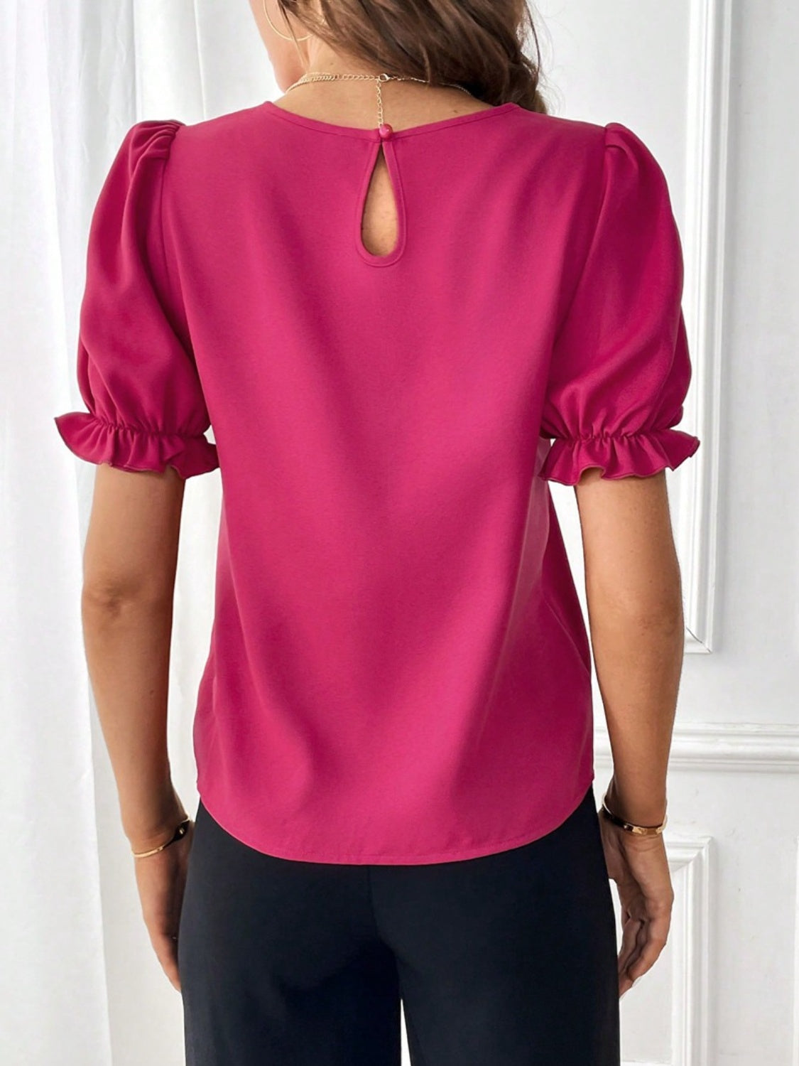 Round Neck Flounce Sleeve Blouse 