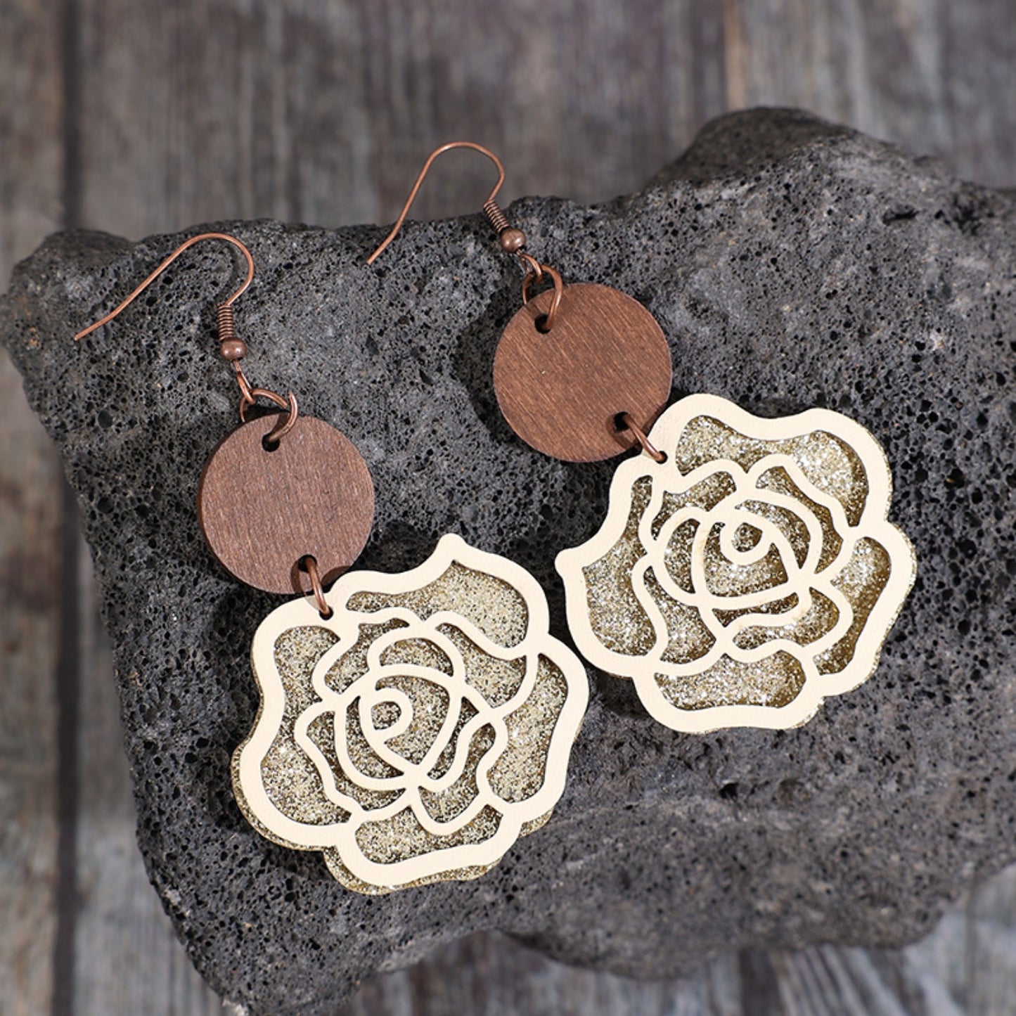 Wooden Alloy Rose Shape Dangle Earrings 