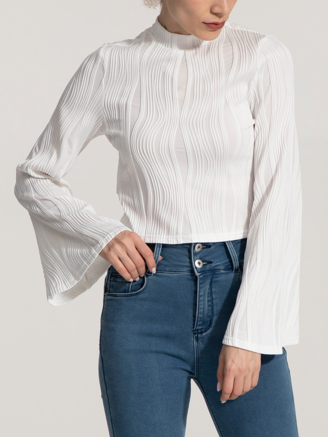 Mock Neck Flare Sleeve Blouse 