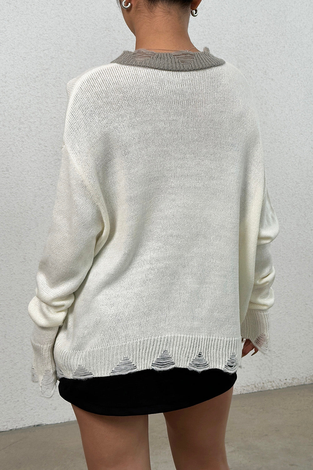 Distressed V-Neck Dropped Shoulder Sweater 