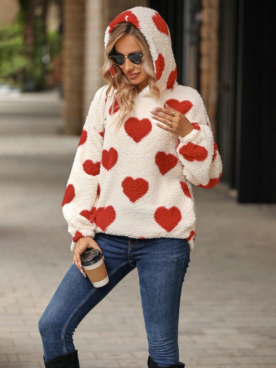 Fuzzy Heart Pocketed Dropped Shoulder Hoodie 