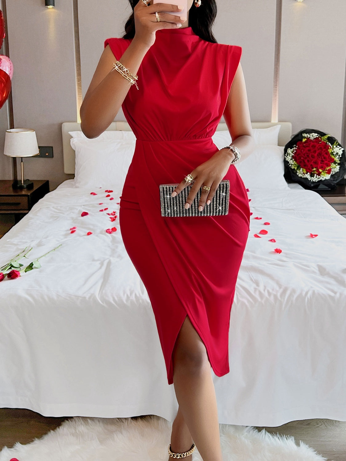 Cutout Slit Mock Neck Sleeveless Dress - Babbazon Midi Dress