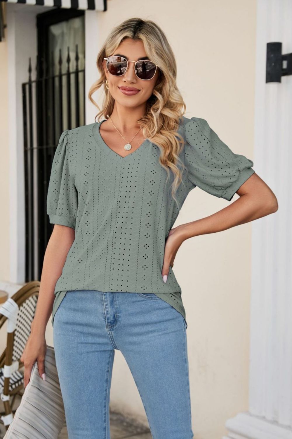 Eyelet Puff Sleeve V-Neck Top 