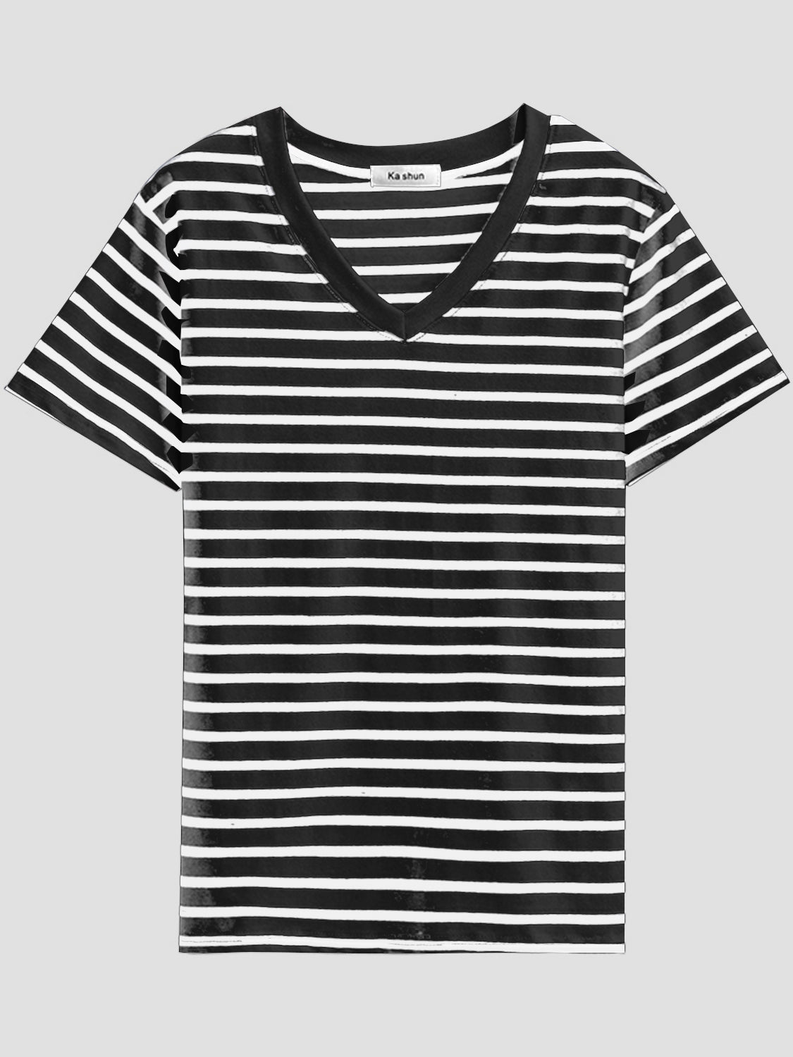 Plus Size Striped V-Neck Short Sleeve T-Shirt - Babbazon Tops