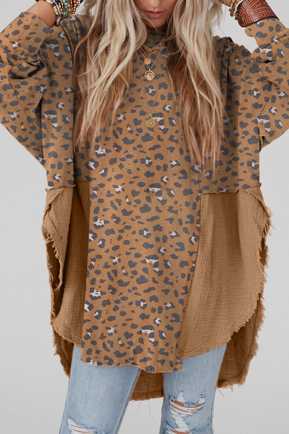 Textured Leopard Dropped Shoulder Blouse - Babbazon blouse