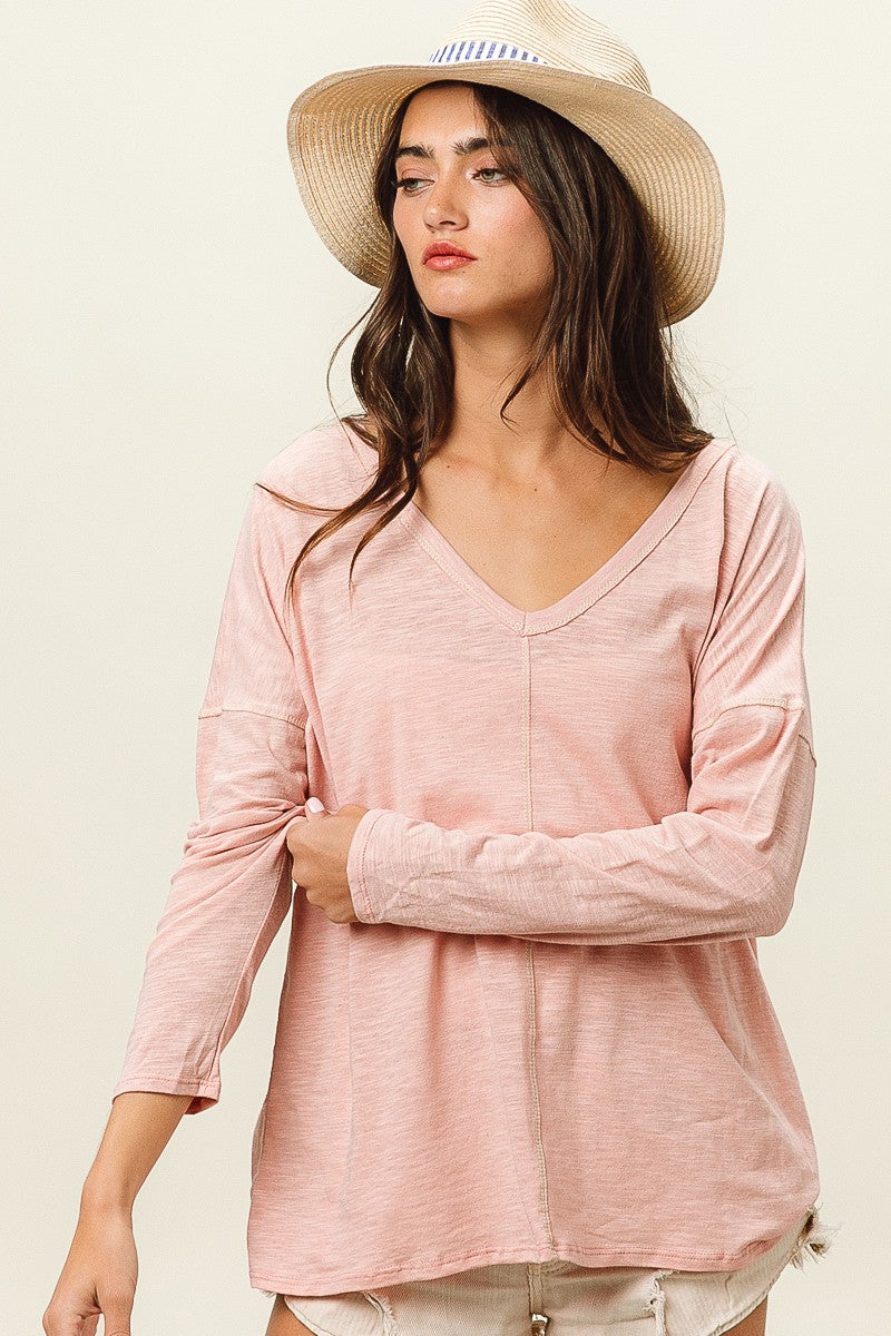 BiBi Exposed Seam V-Neck Long Sleeve T-Shirt 