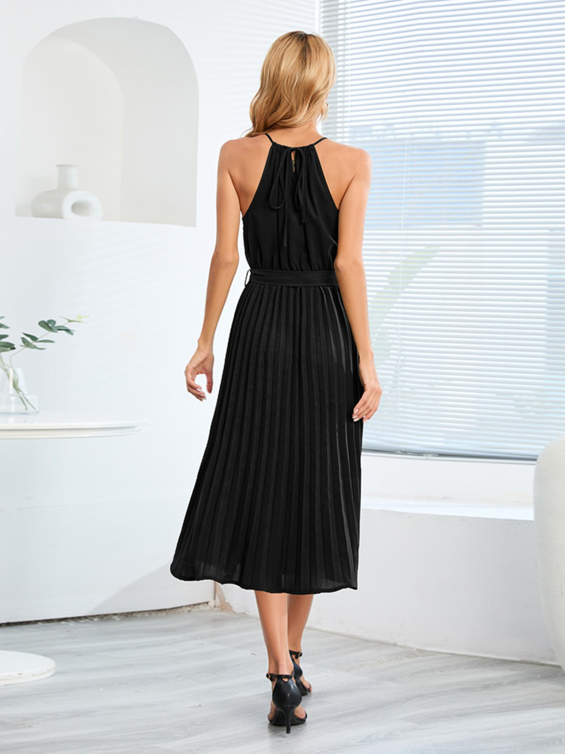 Pleated Spaghetti Strap Tie Waist Midi Dress