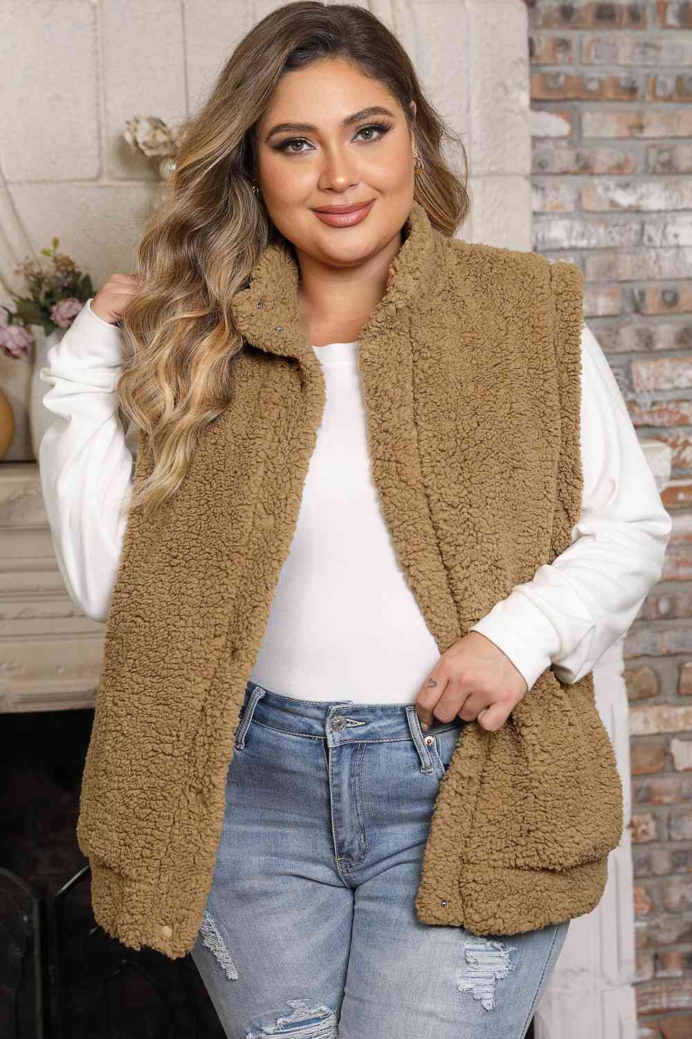 Plus Size Collared Neck Open Front Sweater Vest 