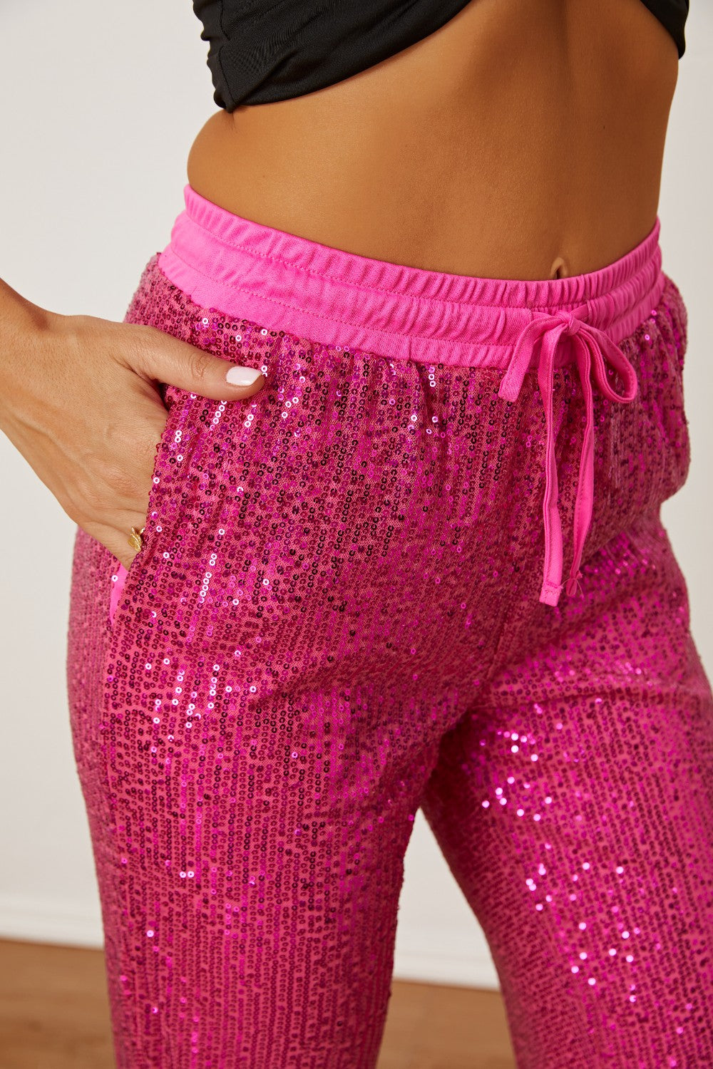 Sequin Drawstring Pants with Pockets 