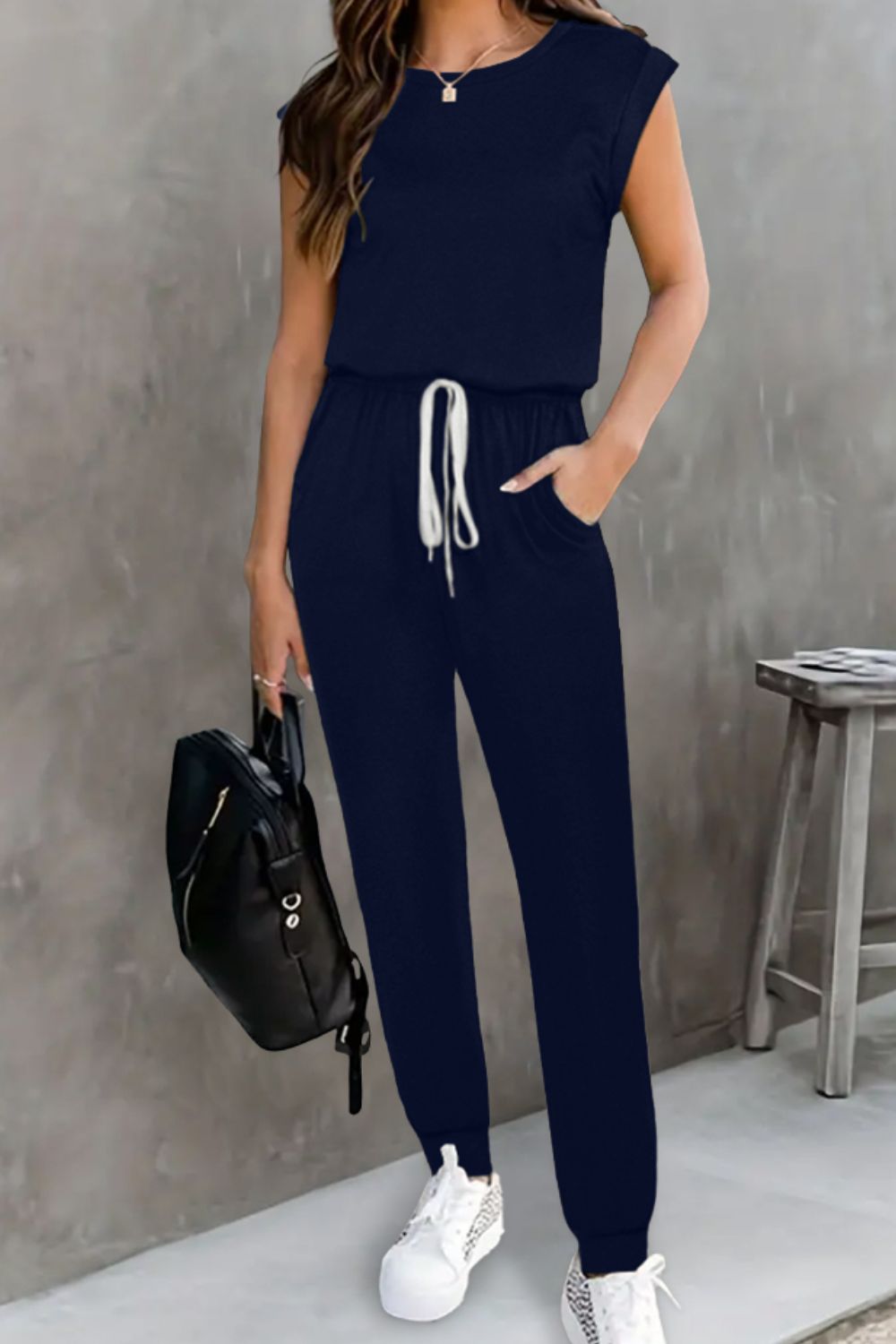 Drawstring Round Neck Sleeveless Jumpsuit 